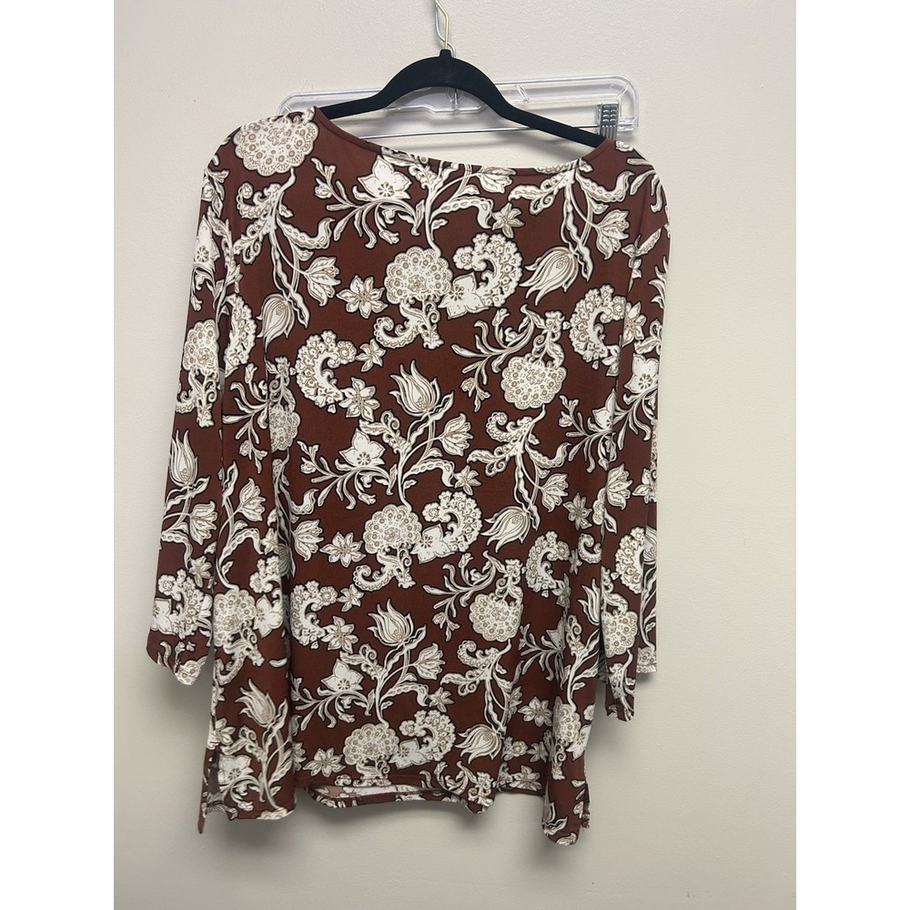 Chico's Blouse Top Women's Size 3 XL Brown Paisley Floral Keyhole 3/4 Sleeve - Picture 3 of 3